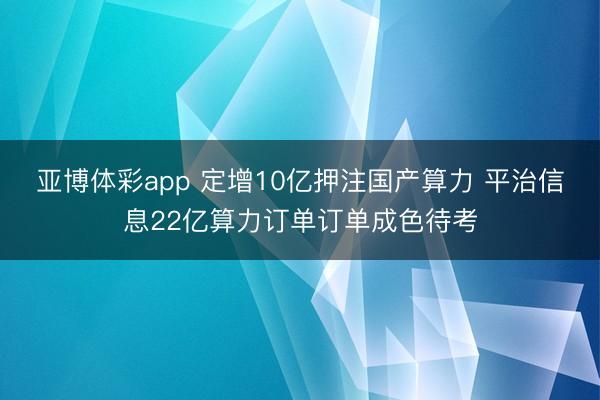 亚博体彩app 定增10亿押注国产算力 平治信息22亿算力订单订单成色待考